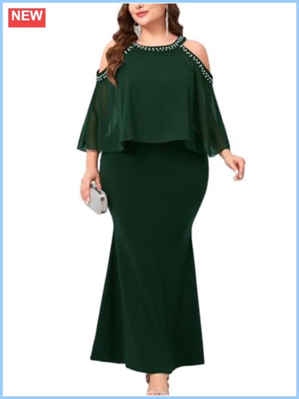 Plus Size Cold Shoulder Mermaid Formal Gown Beaded Neckline Chiffon Cape